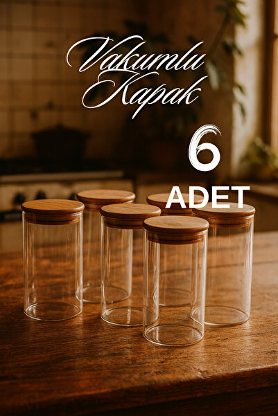 ZURİ DESİGN 6-Piece Flat Glass Spice Jar Set – Airtight Bamboo Vacuum Lid Jar Set 1095 ml