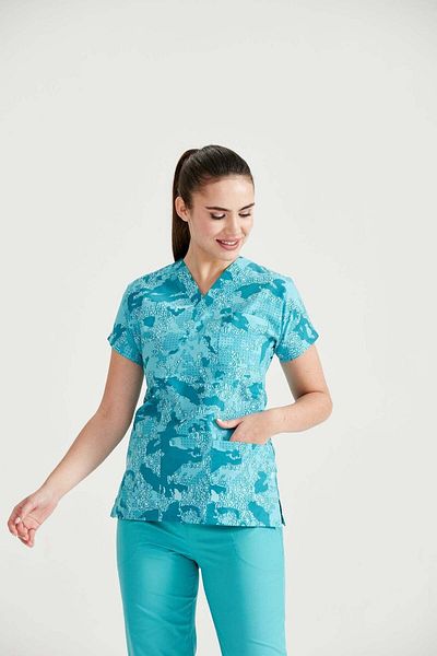 DEMOTEKS Turquoise Medical Blouse with Print - Turquoise Camouflage Pattern