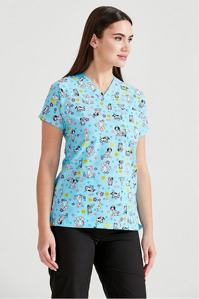 DEMOTEKS Blue Medical Blouse with Print - Dalmatian Pattern