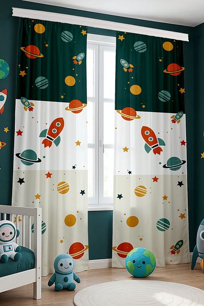EVPANYA Retro Green Cream Space Vehicles Patterned Children's Baby Room Background Curtain (Single Wing Pricing)