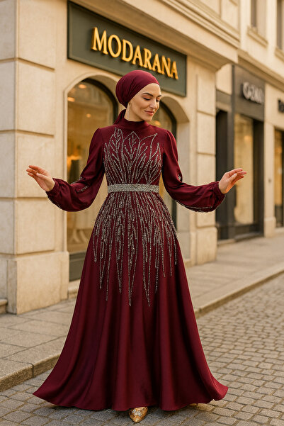 Modarana Saten Taş Detaylı Uzun Tesettür Abiye (NİŞAN-DÜĞÜN)