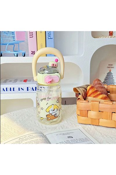 Generic Cute cartoon design plastic water bottle with straw and carrying strap