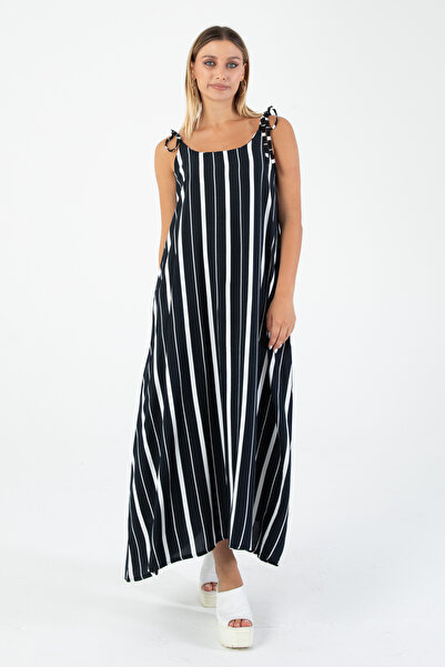 Nuevo Γυναικείο Καλοκαιρινό Μαύρο και Λευκό Ριγέ Μακρύ Φόρεμα με Τιράντες – C...