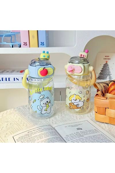 Generic Cute cartoon design plastic water bottle with straw and carrying strap