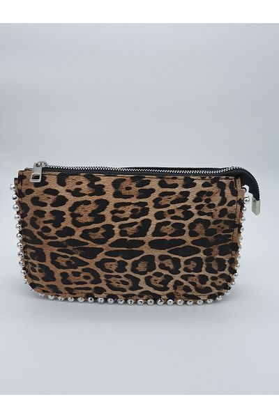 Silblack Pearl Corner Leopard Women's Shoulder Bag with Chain Strap - 2 Compartments and 3 Compartments Trend Model