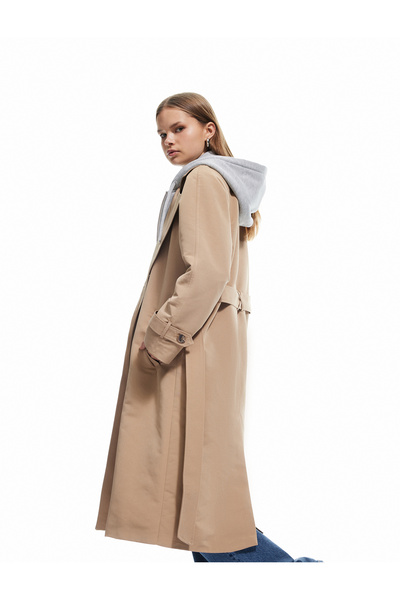 Koton Hooded Collar Belt Detailed Buttoned Pocket Long Trench Coat