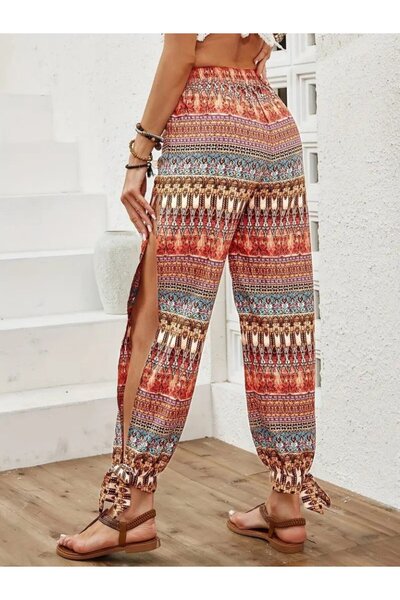 Deridün Yıldız Shoes Women's High Waisted Patterned Wrinkle Pants with Side S...