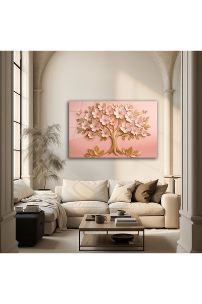 Altat Home Pembe Çiçekli Ağaç Tasarım Modern Dekoratif Cam Tablo