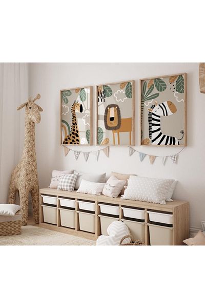 Nuqta Three canvas paintings - safari animals in a cartoon style for children