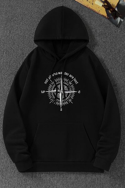 CLASSY.MODA “Unisex 3 Thread Fabric Compass Printed Hooded Sweatshirt”