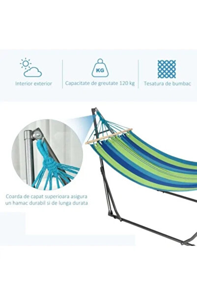 ART Cotton Hammock with Steel Support, Bag, Blue and Green, Stripes, 188 x 62 cm