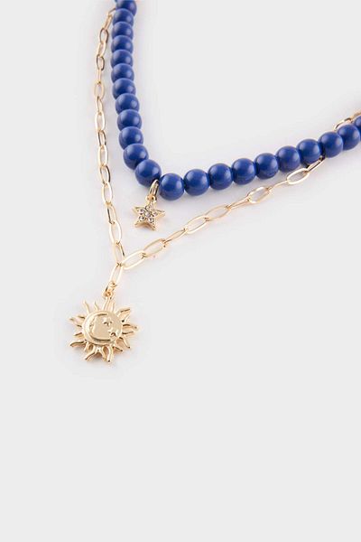 DeFacto Women's 2-Piece Navy Blue Stone Gold Necklace F6610Axns