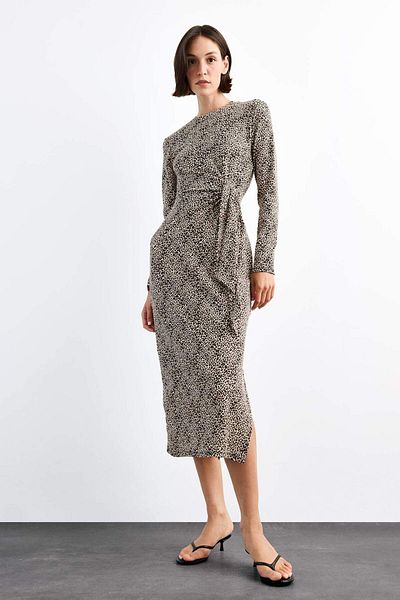 DeFacto Leopard Print Twill Long Sleeve Midi Dress G0737Ax25Sm