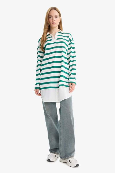 DeFacto Regular Fit Polo Neck Striped Long Sleeve Sweatshirt Tunic D2183Ax25Au