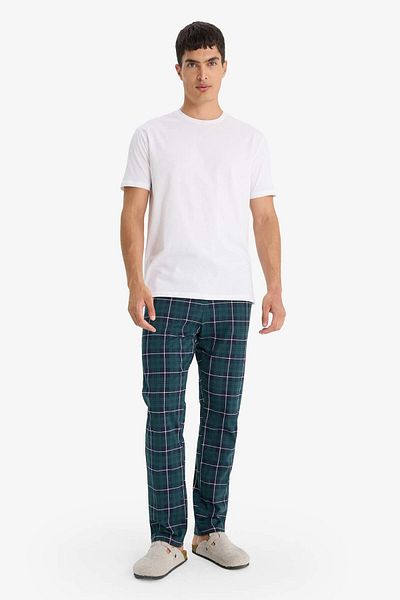 DeFacto Pajama Set Regular Fit Short Sleeve Top Checked Long Bottom F5893Ax25Au