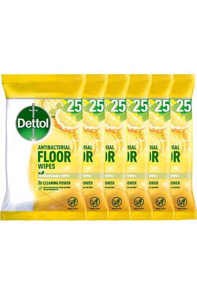 Dettol Antibacterial Floor Wipes, Citrus, Total of 150 Wipes (6 Packs X 25)