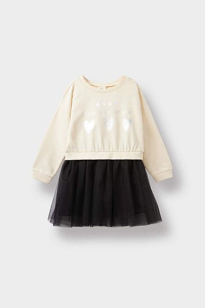 DeFacto Baby Girl Printed Long Sleeve Tulle Dress F4863A525Au