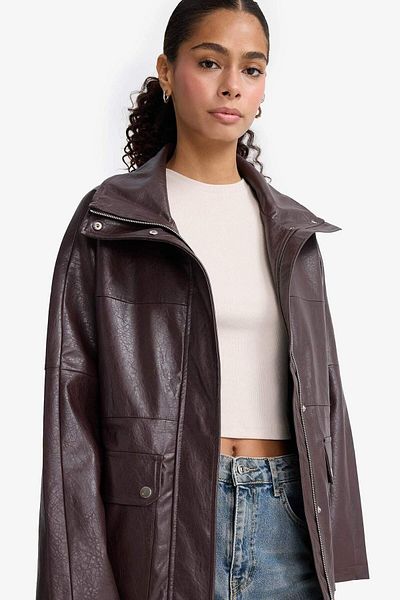 DeFacto Relax Fit Stand Collar Faux Leather Coat E8544Ax25Au