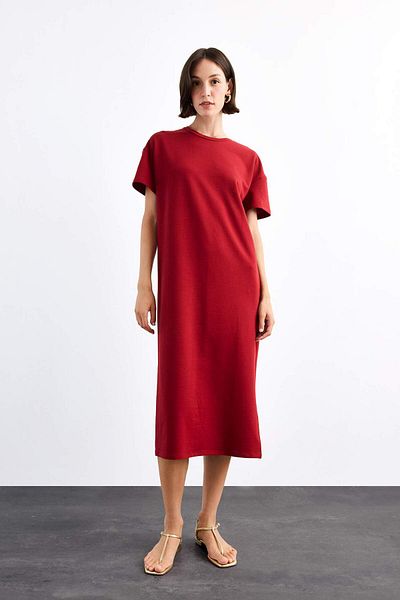 DeFacto Crew Neck Basic Plain Short Sleeve Midi Dress G1059Ax25Sm