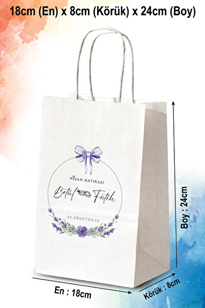 nna tasarım 50 Adet Küçük Boy Tek Yön Kişiye Özel İsim Baskılı Hediyelik Kağıt Çanta/poşet 18x8x24 Cm (BT189-50)