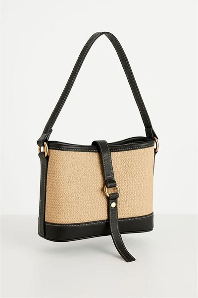 loute Women's Long Strap Straw and Leather Shoulder Bag with Lining and Zipper Magnet