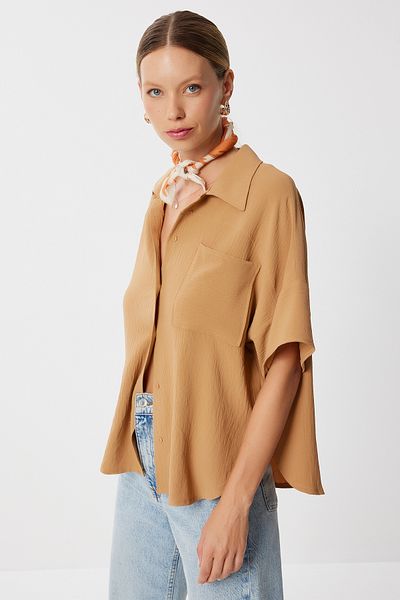 Lovelyİstanbul Short Sleeve Pocketed Ayrobin Shirt Lmx0117 Camel