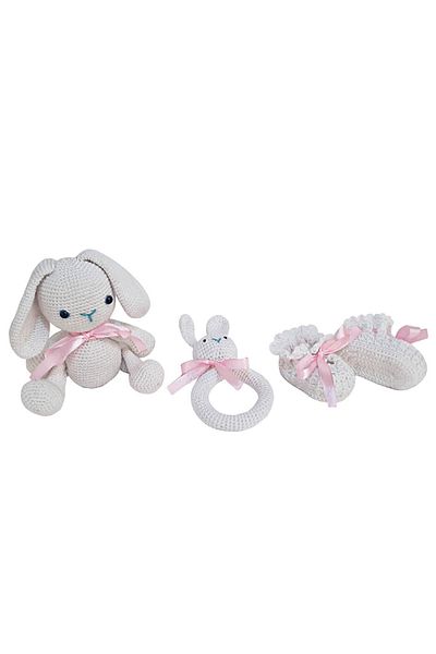 PIKKABOO Snuggle & Play Soft Crocheted Bunny Set White/Pink
