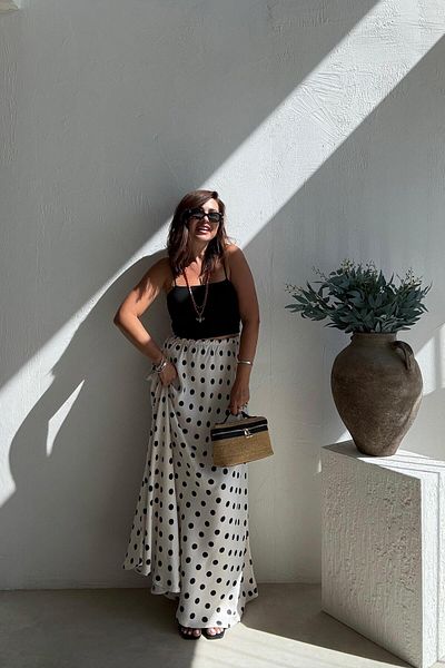 ELVAN TOLON Ecru Polka Dot Satin Skirt
