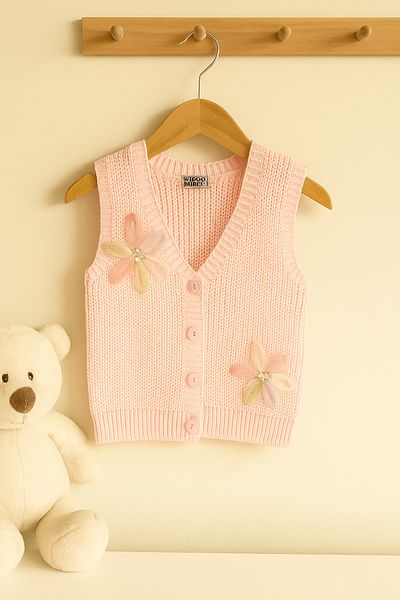 Nimini Kids New Season Flower Detailed Buttoned Knitwear Thessaloniki Knitted Baby Girl Children's Vest (0-8 Years)