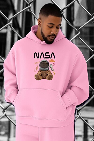 BENROMA سترة رياضية كبيرة الحجم مطبوعة بشعار ناسا من القطن الممشط بثلاث خيوط