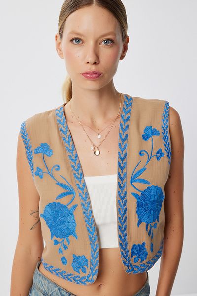 Lovelyİstanbul Embroidered Summer Linen Vest Lmx0125 Biscuit