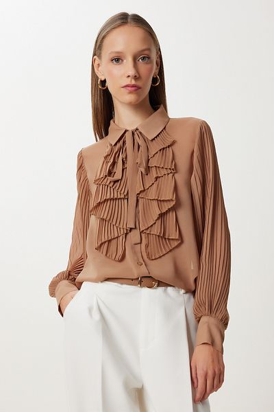 Lovelyİstanbul Flounced Pleated Chiffon Shirt Lfg0111 Camel