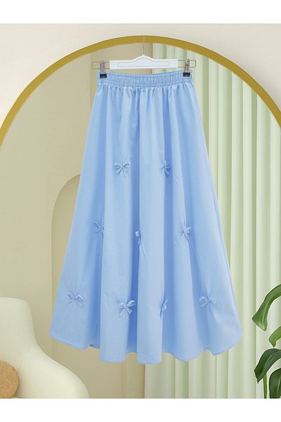 Modamorfo Poplin Skirt with Elastic Waist and Bow Detail - Baby Blue