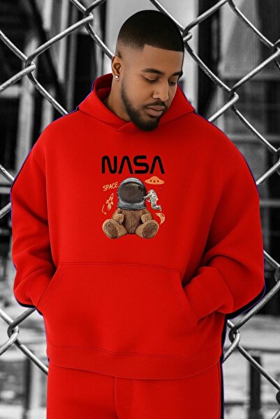 BENROMA سترة رياضية كبيرة الحجم مطبوعة بشعار ناسا من القطن الممشط بثلاث خيوط