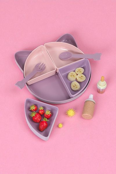 İronika Kitty 7 Piece Kitten Model Kids Baby Fork Spoon Plate Dinner Nutrition Set Food Plate - Brown