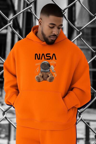 BENROMA سترة رياضية كبيرة الحجم مطبوعة بشعار ناسا من القطن الممشط بثلاث خيوط