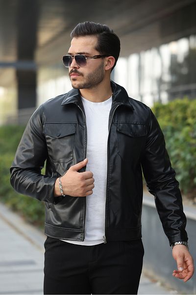BYzıt Men's Black Leather Jacket