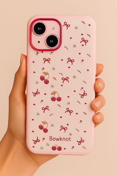Fibaks Apple iPhone 13 - 14 - 15 Case Colorful Camera Protruding Cherry Bow Pattern Silicone Protective Cover