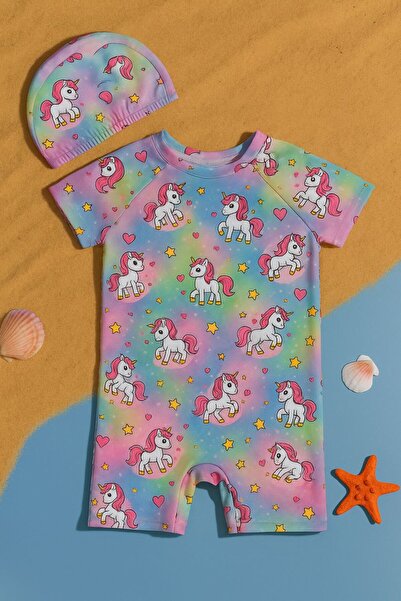 Mai Perla Kız Çocuk Tulum Mayo Unicorn Kostüm Desenli Arkadan Fermuarlı Bone Hediyeli Esnek ve Rahat 1-5 Yaş