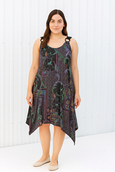 Cancanlı Kumaşçılık Plus Size 100% Cotton Viscose Patterned Strap Summer Dress