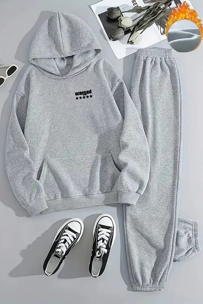 Sweetline Unisex Wanted Printed Hooded Gray Tracksuit Set - Winter Embossed Fabric