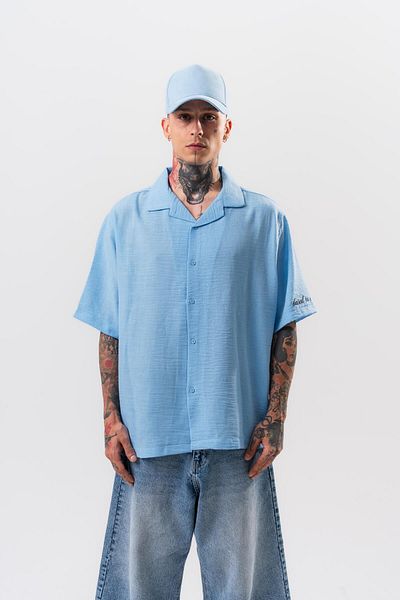 Respire Men's Embroidered Oversize Linen Shirt Baby Blue