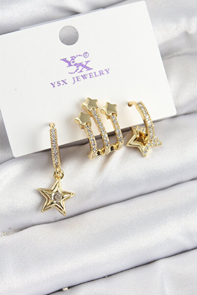 Skygo Brass Zircon Stone Dangle Star Model Gold Color 3-Piece Women's Earrings - Tj-Bkp10940