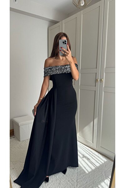 Sindimoda Mars Payetli Madonna Yaka Balık Abiye