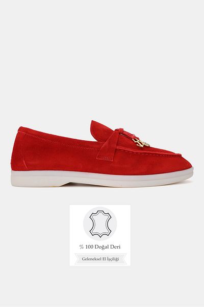 TUNAELLİ Women's Red Suede Khaki Natural Leather Number 36-41 Bow Loafer Shoes