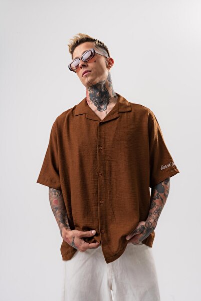 Respire Men's Embroidered Oversize Linen Shirt Brown