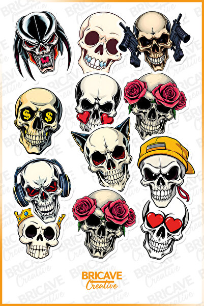 Bricave Kuru Kafa Skull PVC Sticker Seti (2 Sayfa) / Laptop, Telefon, Journal...