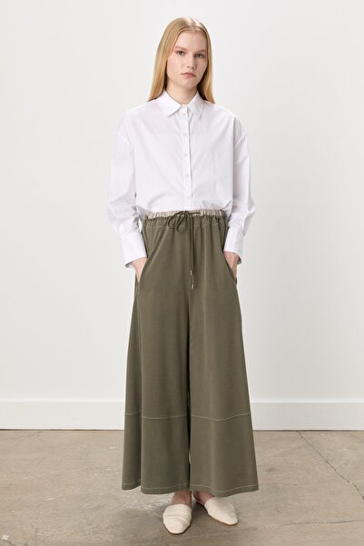 Nihan Dikiş Detaylı Bol Paça Örme Pantolon Haki