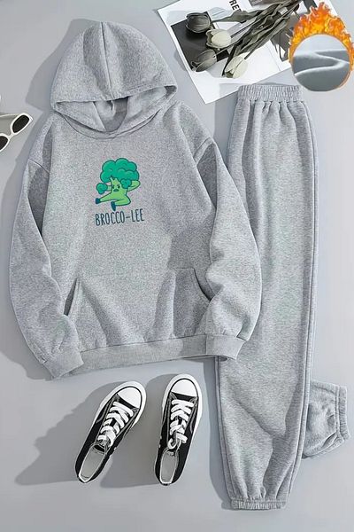 CLAYES Unisex Brocco-Lee Printed Hooded Gray Tracksuit Set - Winter Embossed Fabric