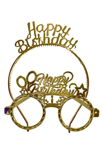 Patladı Gitti Happy Birthday Tac Gözlük Seti Gold Renk Parti Aksesuar